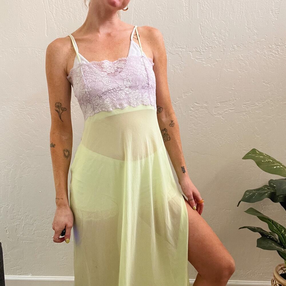 Y2K Victoria's Secret Lime Green Lace Maxi Slip Dress w/ Slit - Picture 6 of 7